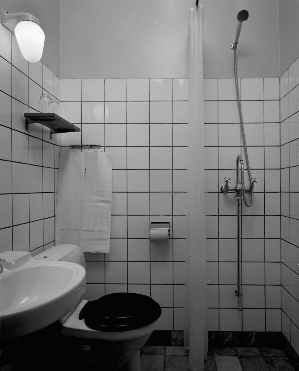 Valhall Hotell
Interiör av badrum med toalett, dusch och handfat