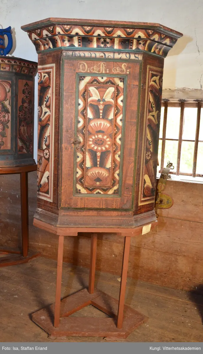 Skåp, hörnskåp, placerat på senare underrede. Av trä, furu, med målade dekorationer. På skåpet är årtalet 1798 påmålat. 

Skåpet saknar proveniensuppgifter.