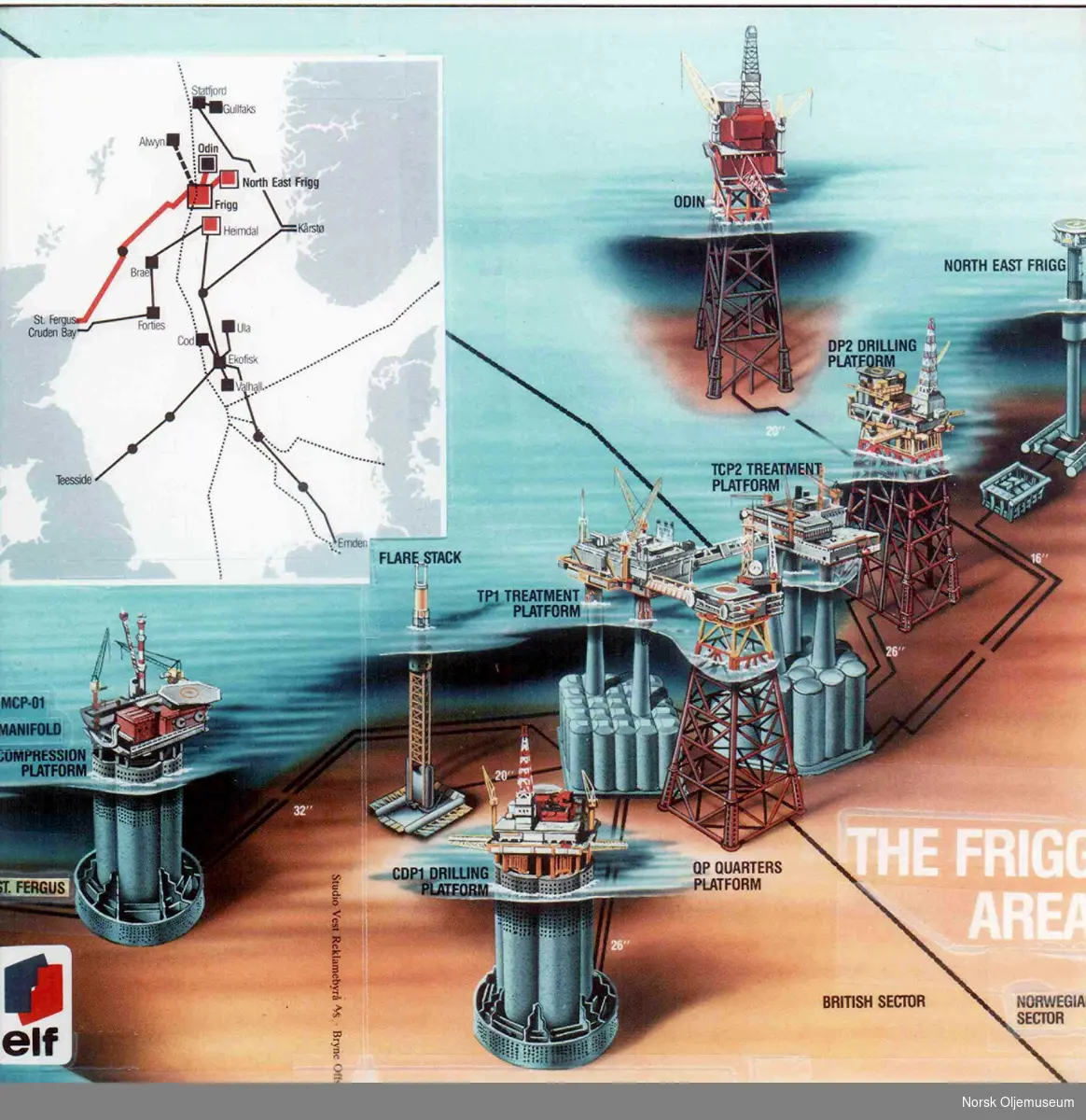 Tegning av FriggFeltet med tilstøtende installasjoner samt rørlednings-
nett i Nordsjøen.