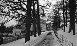 Villa Ekheim, tårn, vinter, trær, snø, oppkjørsel, gjerde,,