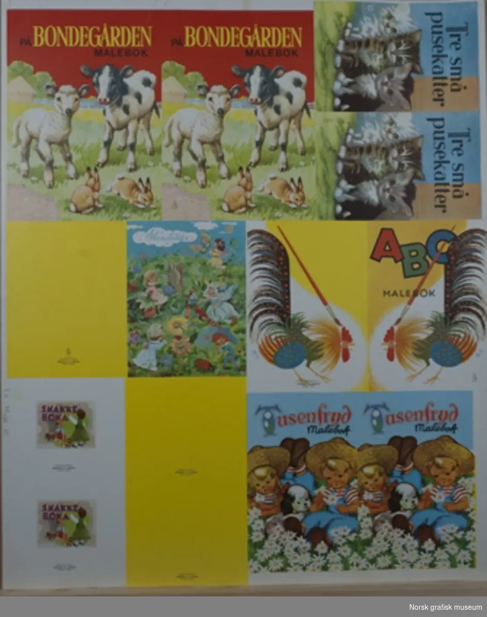 Forsider til flere ulike malebøker trykt på samme ark. På dette arket flerfargetrykk.