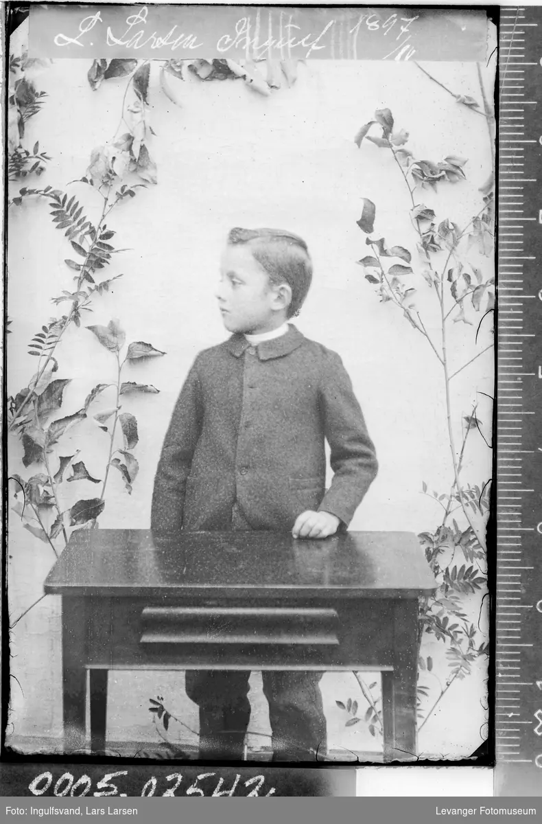 Portrett av en gutt som står bak et bord.