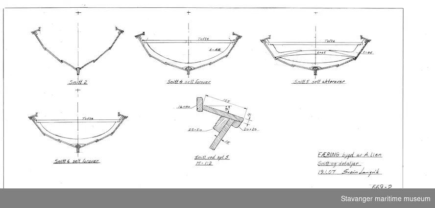 Oppmålingstegning av bruksbåt på folie, tegnet med penn. Snitt og detaljer. 1:2