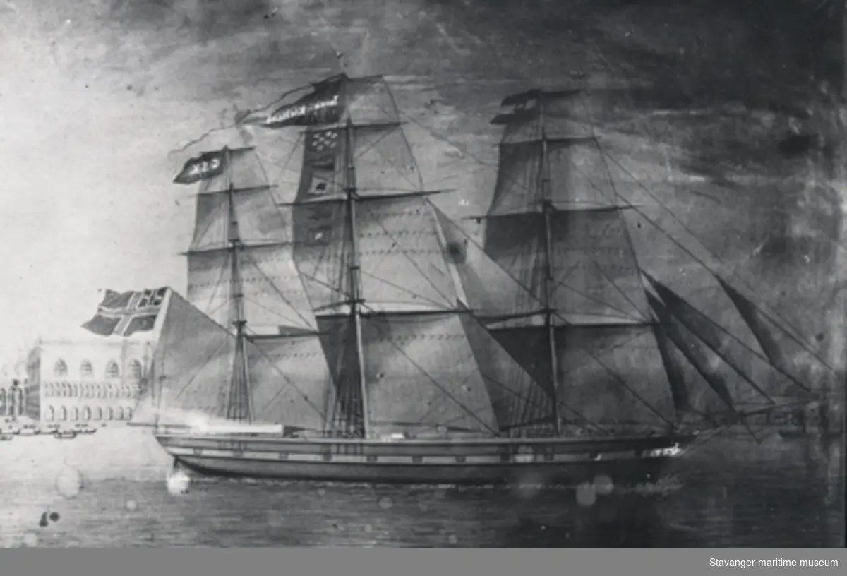 Avfotografert skipsportrett av fullrigger "Jacob Kielland", med rederiflagg for Gabriel Schanche Kielland (G.S.K.).