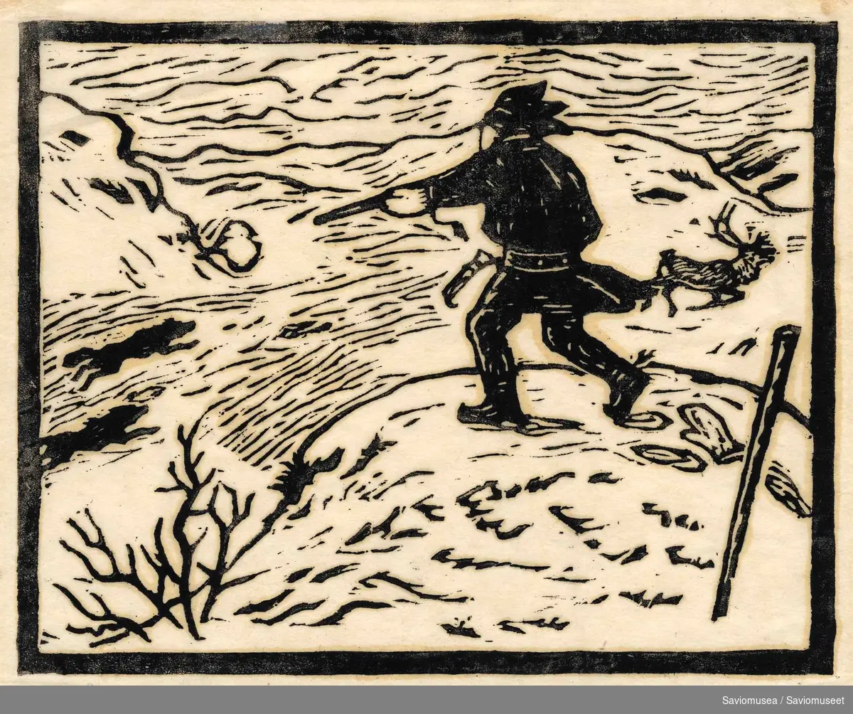 En mann i kofte sikter på to ulver som jager en rein i bakgrunnen. Satt i vinterlandskap.