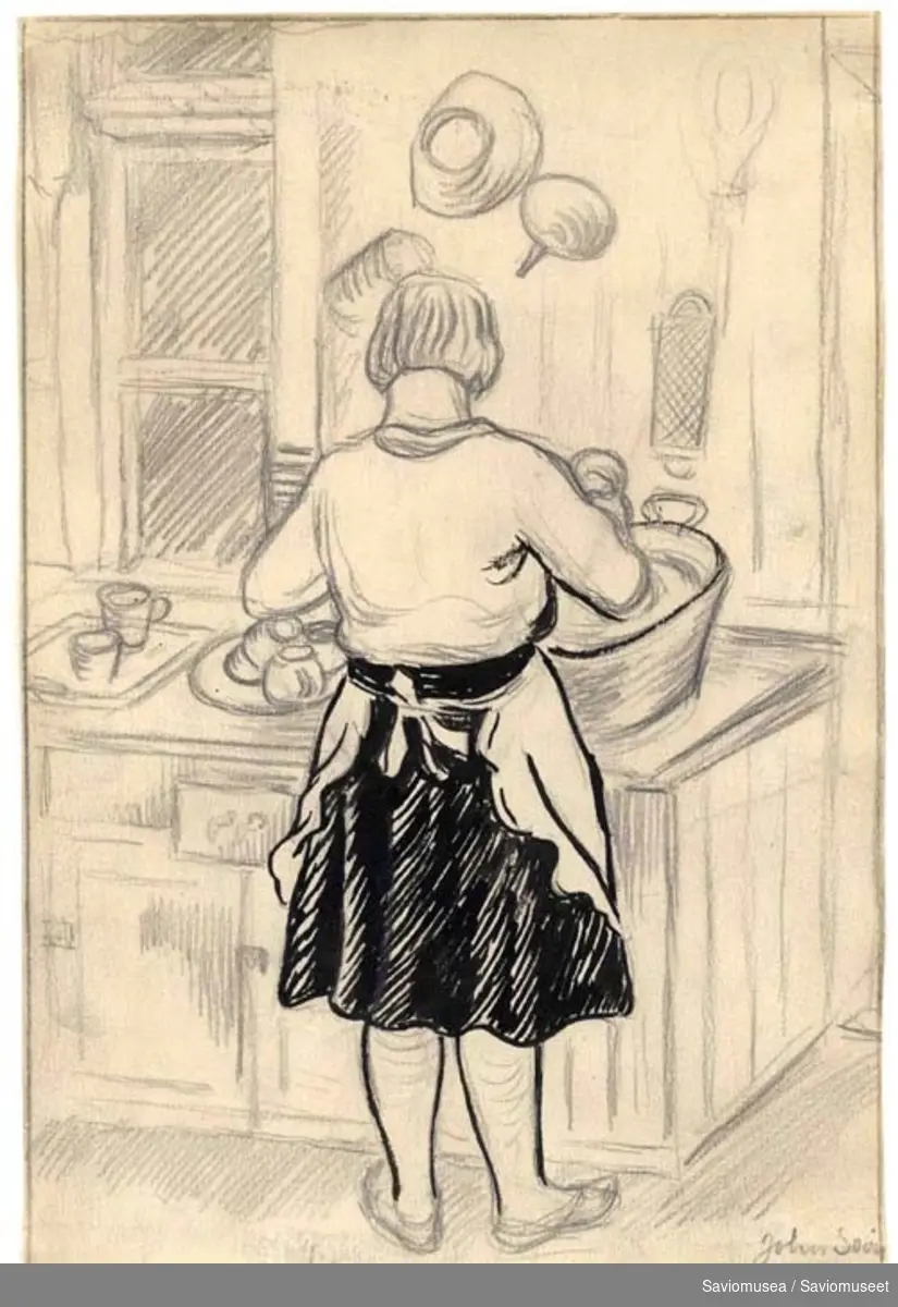 En kvinne står ved en kjøkkenbenk og vasker opp.