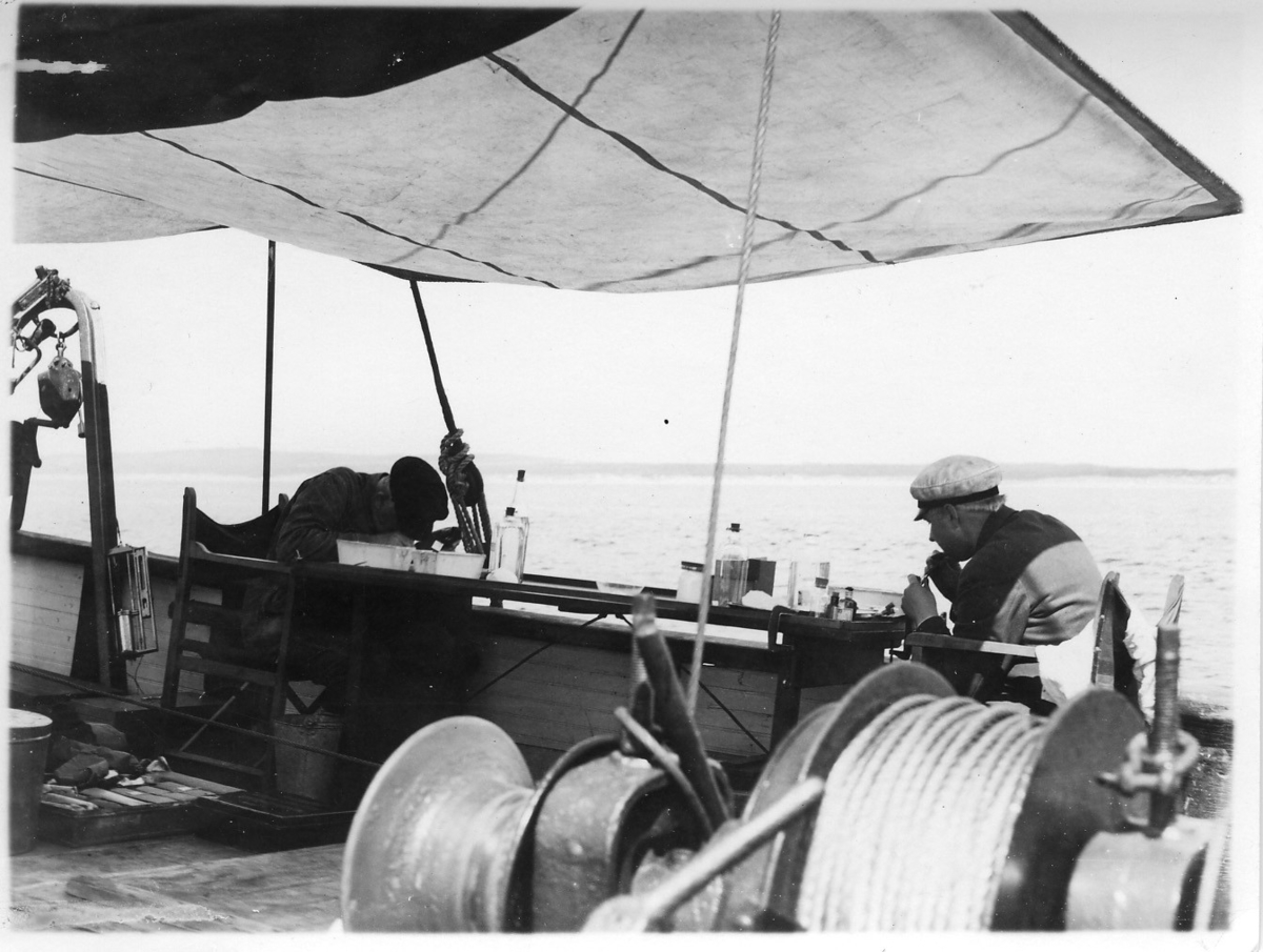 'Kattegattexpeditionen 1933: ::  :: 2 st män sittande vid vars en sida av en arbetsbänk på däck, ombord på båten ''Skandia''. Arbetar med preparat. Glasburk. Glasflaska. ::  :: Ingår i serie med fotonr. 2804-2826.'