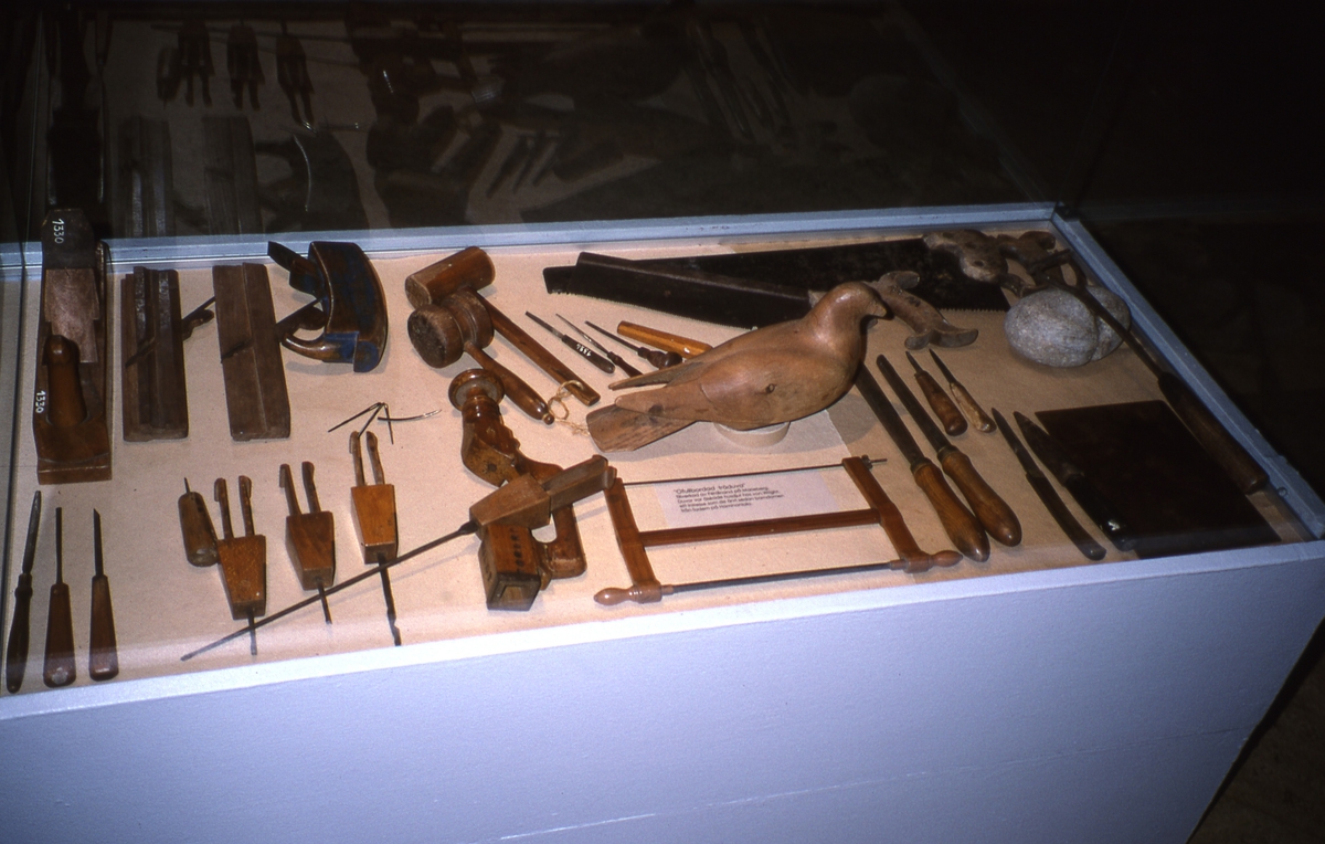 'Motiv av utställningen om konstnärsbröderna von Wright på Göteborgs Naturhistoriska museum: ::  :: Glasmonter med diverse föremål. ::  :: Ingår i serie med fotonr. 6938:1-35.'