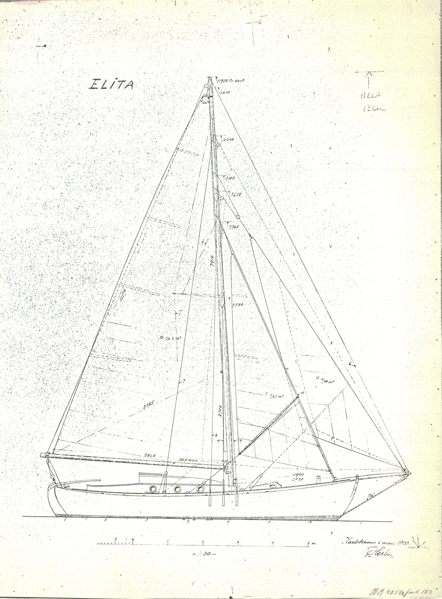 2 ritningar, plan, profil, spant och segelritning