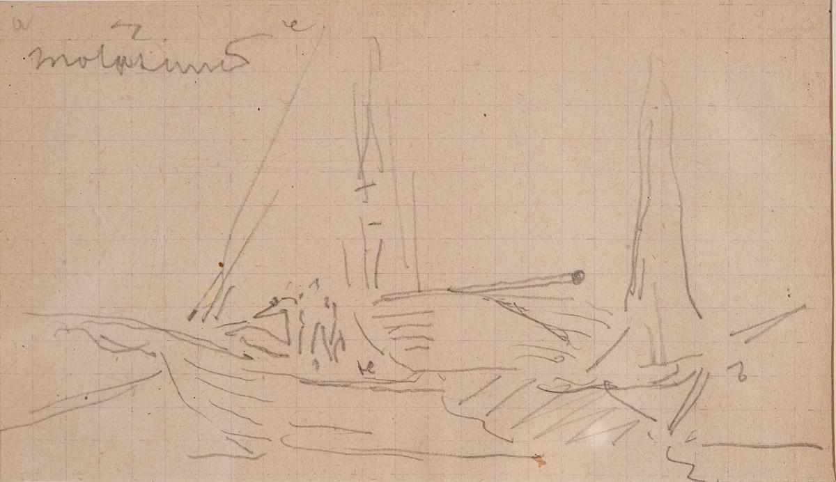 Överst: Ett bohuslänskt (?) samhälle, sett inifrån ut mot sjön. 

Mellerst: En kustbåt, förmodligen höbåt, lastad ketchriggad i övre vänstra hörnet “ Mollösund” 

Nederst: Fiskebåt under segel, ett flertal personer midskepps.