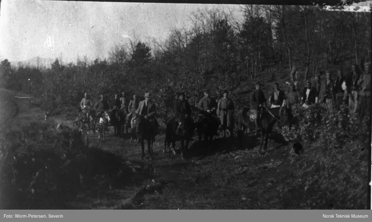 Menn med hester i skogen, muligens soldater, trolig i tidligere Jugoslavia eller Albania