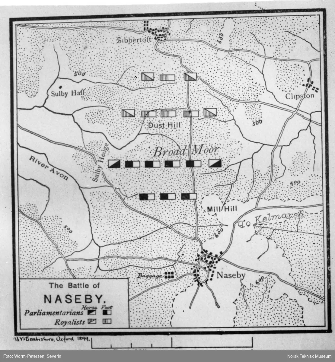 Kart over slaget ved Naseby, mellom parlamentarister og royalister.