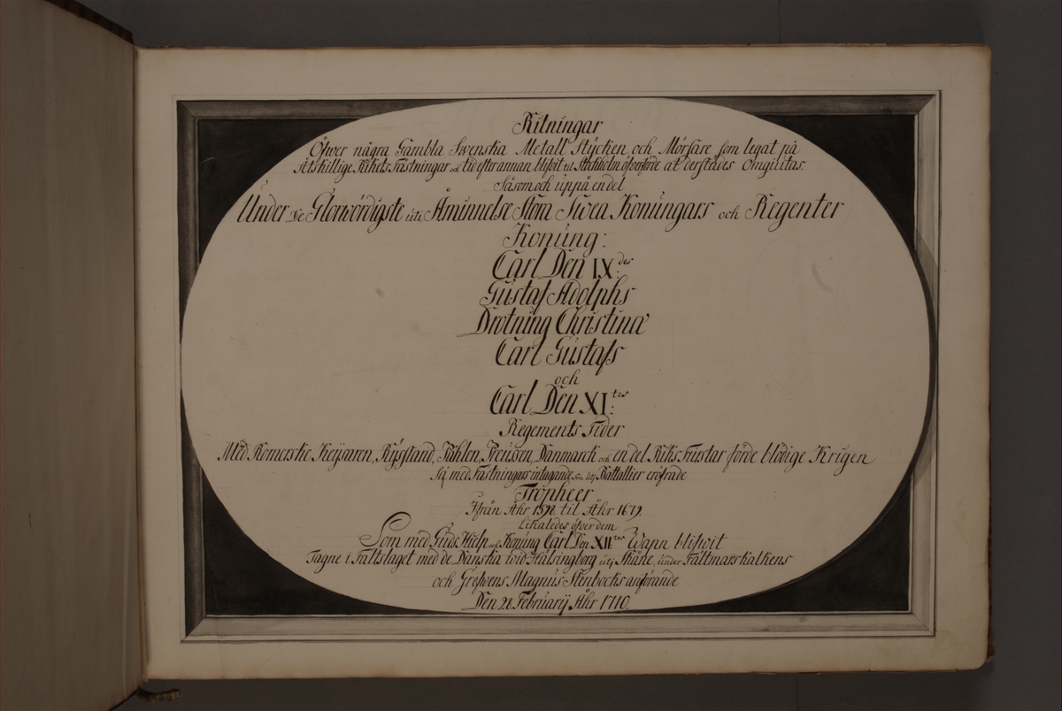 Inledning och register till bokverk med avbildningar föreställande äldre svenska eldrör förvarade på fästningar samt eldrör erövrade åren 1598-1679, utförda av syskonen Anna Maria och Philip Jakob Thelott.