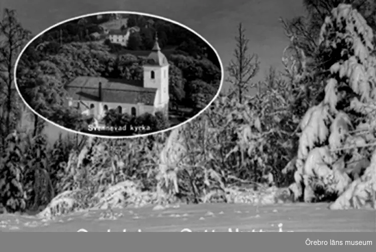 Svennevads kyrka, exteriör.
Bilden tagen för jul- och nyårskort (text: God Jul och Gott Nytt År).