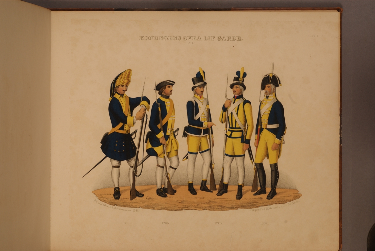 Plansch med uniform för Svea livgarde för åren 1700-1802. Plansch i färgtryck efter original av Adolf Ulrik Schützercrantz. Ingår i planschsamlingen Svenska krigsmaktens fordna och närvarande munderingar.