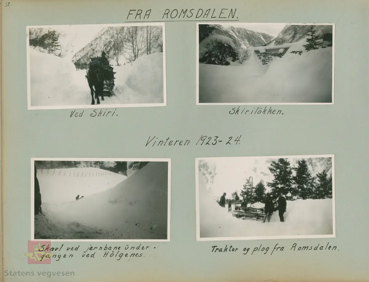 Album fra 1918-1934, "Snebrøyting." Fra Romsdalen, vinteren 1923-1924.  Snøskavl ved jernbaneundergangen ved Hølgenes.
