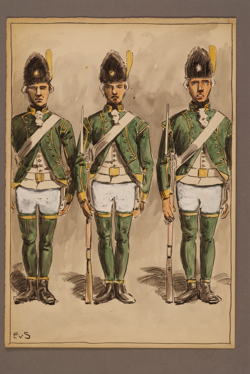Plansch med uniform för Infanteriets jägare 1779, ritad av Einar von Strokirch.