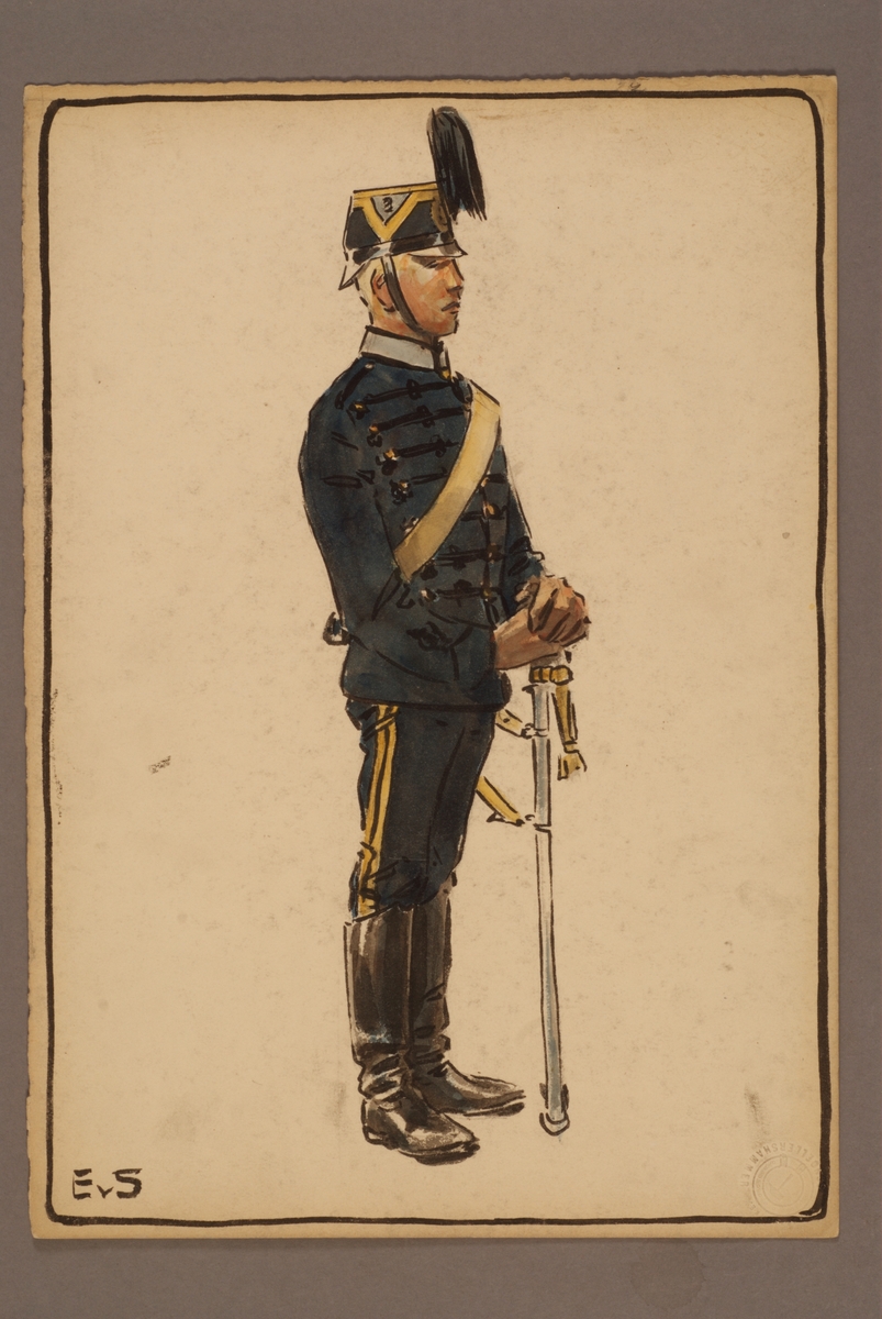 Plansch med uniform för Gotlands artilleriregemente, ritad av Einar von Strokirch.