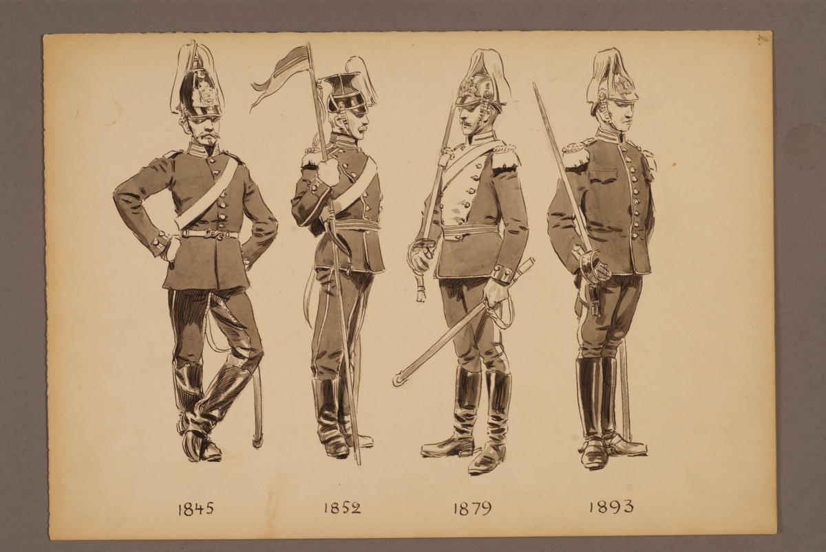 Plansch med uniform för Livgardet till häst för åren 1845-1893, ritad av Einar von Strokirch.