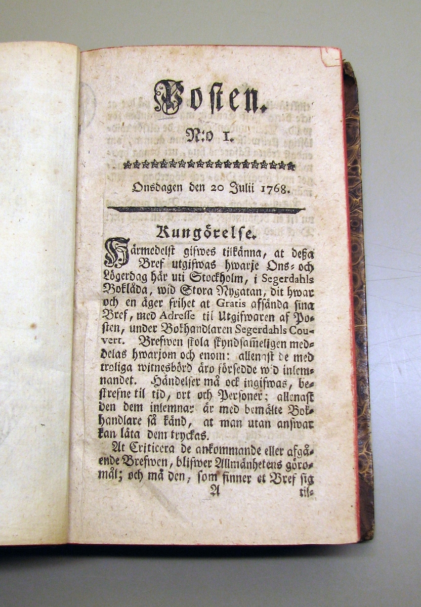 Bok innehållande tidningen "Posten" utgiven 1768 från nummer 1 till nummer 48.