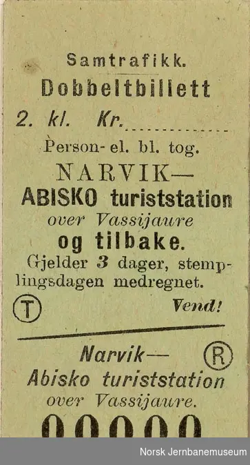 Tur/returbillett Narvik-Abisko turiststasjon, 2. klasse, ubrukt