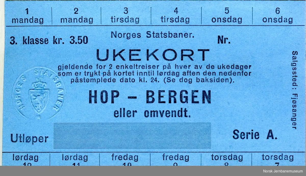 Ukekort Hop-Bergen, 3. klasse