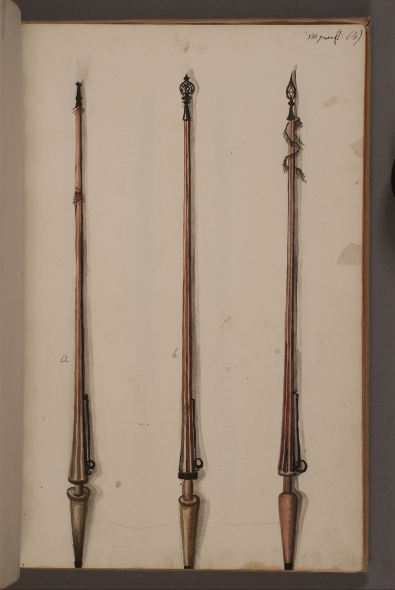 Avbildning i gouache föreställande standarstänger tagna som troféer av svenska armén. De avbildade objekten finns bevarade i Armémuseums samling, för mer information, se relaterade objekt.