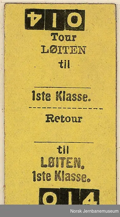 Tur/returbillett fra Løiten, blanko, 1ste Klasse, ubrukt