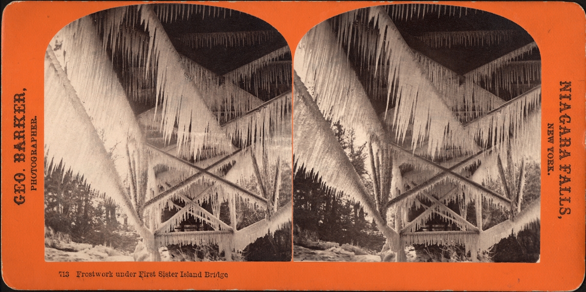Stereobild av istappar under bron till First Sister Island, Niagara Falls.