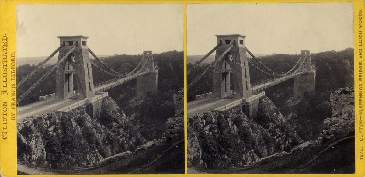 Stereobild av Clifton Suspension Bridge.
"1276 Clifton Suspension Bridge and leight woods".