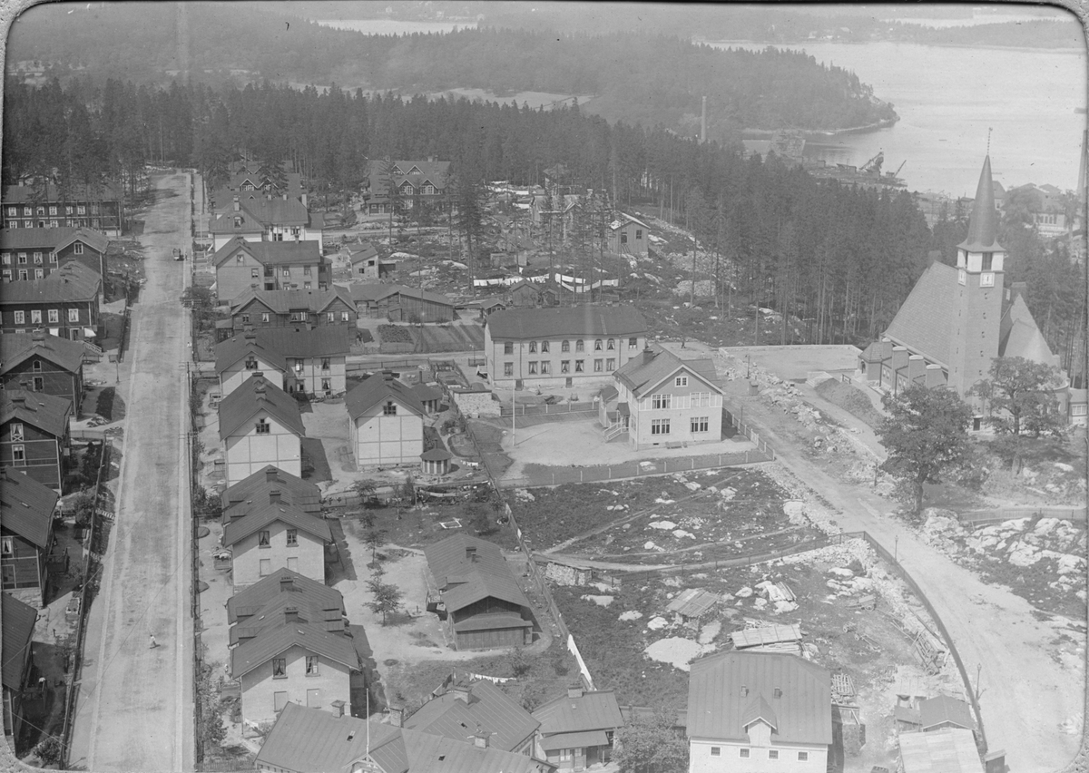 Byggande av Stockholms Elektricitetsverk i Värtan 21 juni 1909. Vy över Hjorthagen
