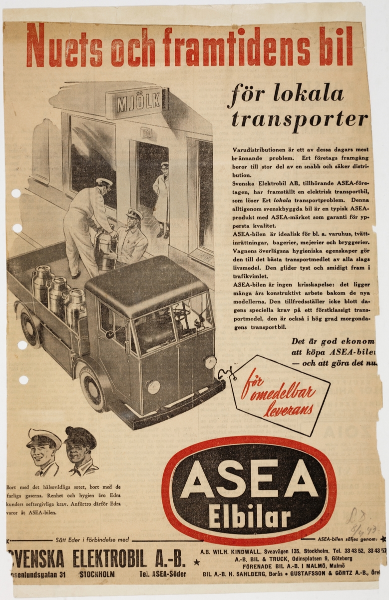 Tidningsklipp. Reklam för ASEAs elbilar.