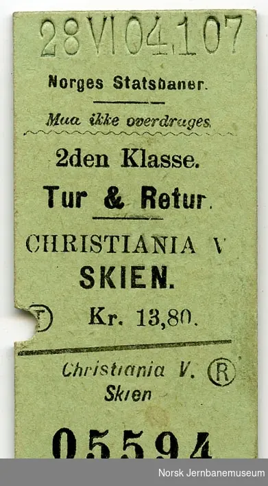 Tur/returbillett til Christiania V-Skien, 2. kl.