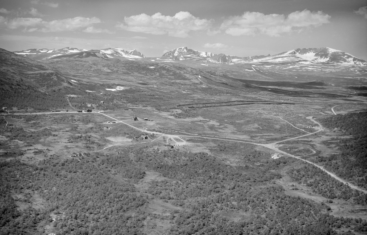 Hjerkinn, Dovre, 08.07.1952, Hjerkinn stasjon til venstre i bildet, hytter, veier, jernbane, blandingsskog, snødekte fjell i bakgrunnen