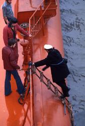 Mannskap fester lukene etter kornlastingen av M/S ‘Vikara’ (