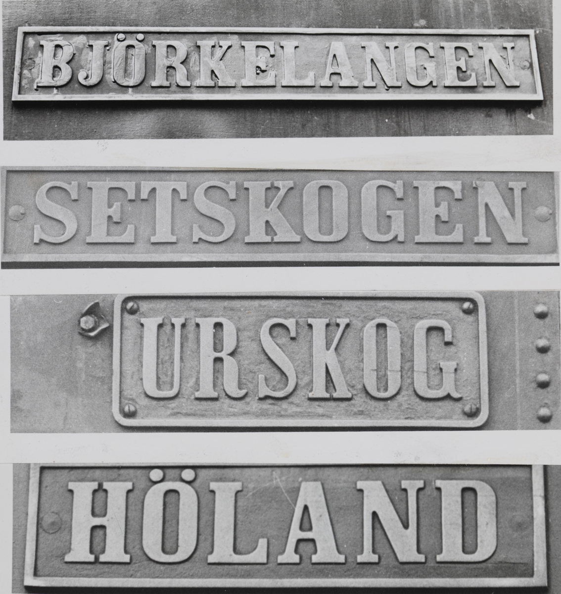 Fotomontasje av navneskiltene til fire av Urskog-Hølandsbanens damplokomotiver.