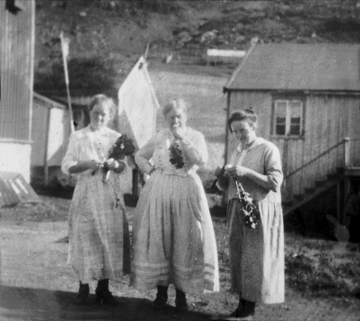 Tre kvinner med blomster, gårdsbygninger i bakgrunnen.