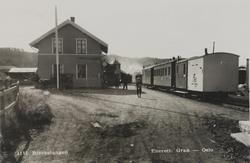Bjørkelangen stasjon med tog til Sørumsand i spor 1. Skifteb
