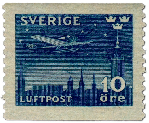 Flygplan över siluett av Stockholm. Nattetid.