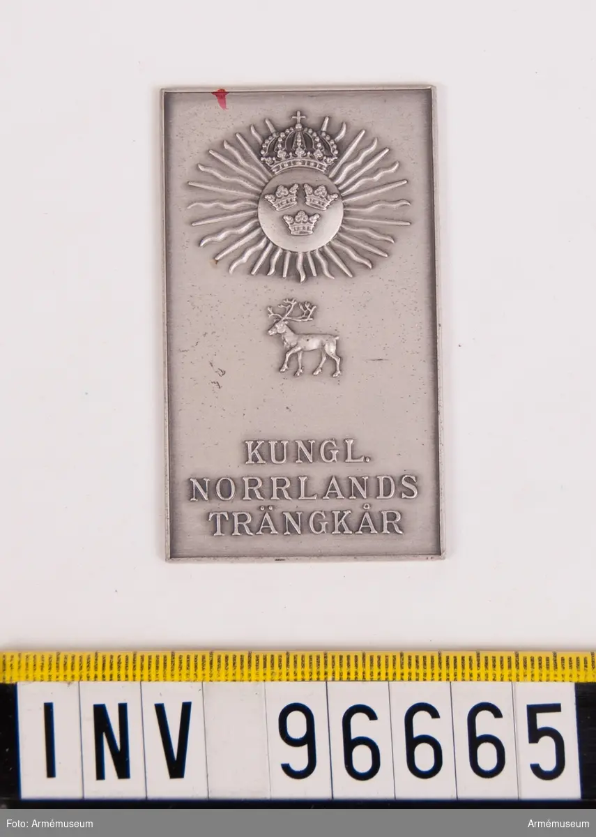 Plakett i silver för Norrlands trängkår.
Stans nr 19922, härdad 1948-08-14.
Plakett, 37x63 mm, åtsida m. kårens vapen, 3-kronor på rund sköld, krönt av kunglig krona, jämte strålar samt därunder ren, nedtill inskription KUNGL. NORRLANDS TRÄNKÅR, plaketten omgiven av upphöjd kant.