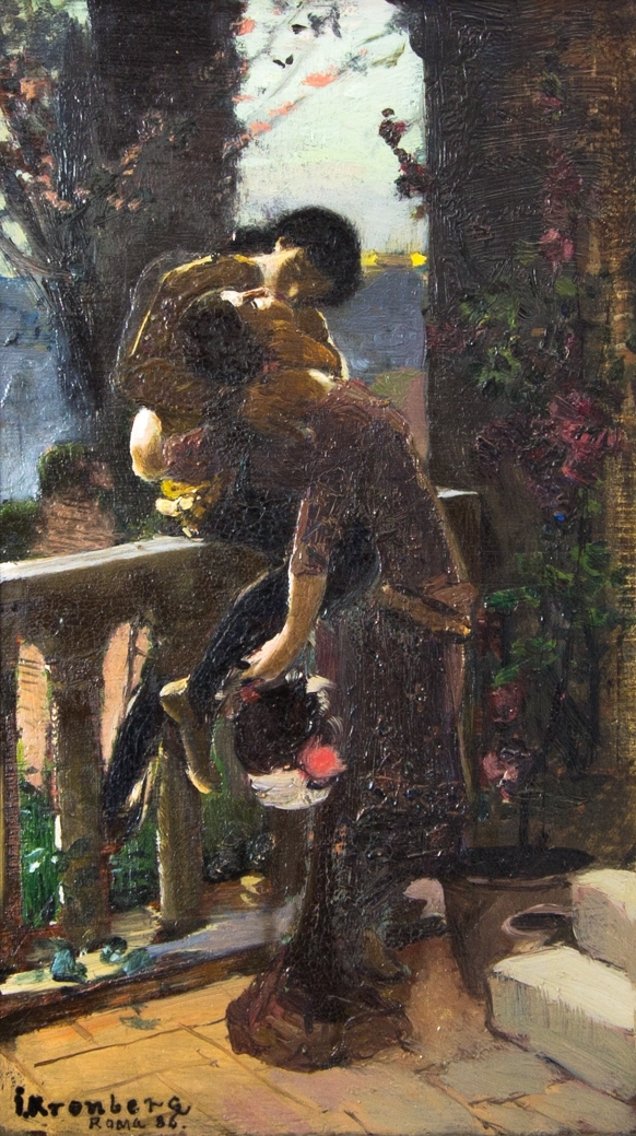 Romeo och Julia i helfigur stående på var sin sida om en balustrad. Hon lutar sig bakåt och han kysser henne. I bakgrunden ett stort träd, vatten skymtar.