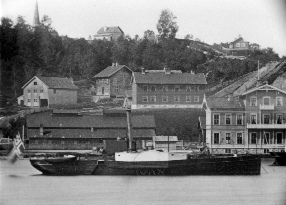 Mjøsbåtene Færdesmannen, fraktebåt, og Skiblader, persontrafikk, ved Eidsvoll brygge. Eidsvoll jernbanestasjon lå helt ut mot Vorma, og lasting mellom båt og jernbane kunne foregå direkte. Stasjonsbygningnen i midten, pakkhuset til høyre. I bakgrunnen ses flere bygg, veien ned Eidsvollsbakken, og spiret på Eidsvoll kirke. Ut i fra Skibladners utseende, er bildet fra perioden 1856 til 1888. 
Siden stasjonsbygningen ser ut som den gjør, er bildet tidligst fra 1858. Denne trebygningen brant i 1877, men ble bygd opp igjen så og si identisk, men da i mur. 