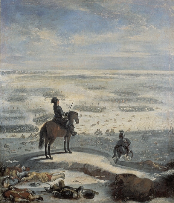 På en höjd i förgrunden ses konung Karl X Gustaf ensam. Han sitter med draget svärd på en brun häst och är framställd i profil vänster, sedd snedd bakifrån, samt iklädd svart dräkt. Längst till vänster ligga stupade soldater och till höger en häst. Nedför kullen spränger Erik Dahlberg efter undsättning på en svart häst. Han är klädd i mörk dräkt. I mellanplanet synes strid mellan svenska och danska trupper på isen. På andra sidan sundet en stad med torn och vallar samt en väderkvarn.