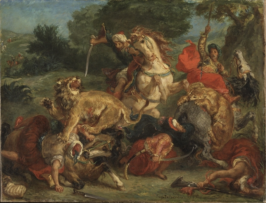 Jaktscener och kämpande djur är återkommande teman hos Delacroix. Den här målningen ingår i en serie lejonjakter som han utförde på 1850-talet. Motivet speglar tidens intresse för exotism och för kulturen i de muslimska länderna i Nordafrika. Under ett besök i Marocko på 1830-talet hade Delacroix studerat och tecknat såväl landskapet som hästar och beridna jägare – teman som senare vävdes in i hans målade lejonjakter. Dessa dramatiska motiv vittnar med sina energifyllda kompositioner och varma färger om nya estetiska ideal i tiden.