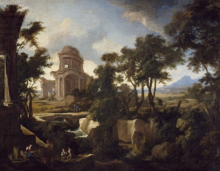 Klassiskt landskap med ruiner och skördearbetare