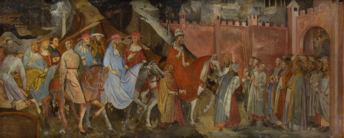 Alexander III:s intåg i Venedig. I mitten påven Alexander III  i röd hermelinsbrämad mantel, ridande på en vit häst. Till vänster ett följe av ridande män, bland annat kardinaler i röda hattar. Till höger ett flertal stående män, innevånare i Venedig. I bakgrunden stadsmuren och hamnen med fartyg.