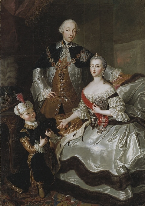 Peter III, 1728-1762, hertig av Holstein-Gottorp, kejsare av Ryssland, Katarina II, 1729-1796, prinsessa av Anhalt-Zerbst, kejsarinna av Ryssland samt kalmuckisk betjäntpojke