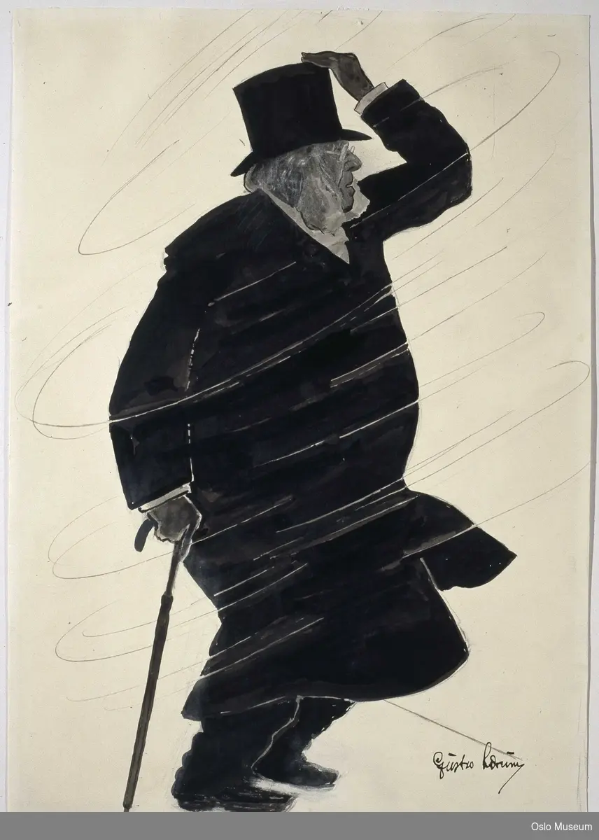 karikatur, mann
Hel høyre profil, i vind. Ventre hånd holder på hatten. Vind markert med en spiralformet strek rundt skikkelsen.