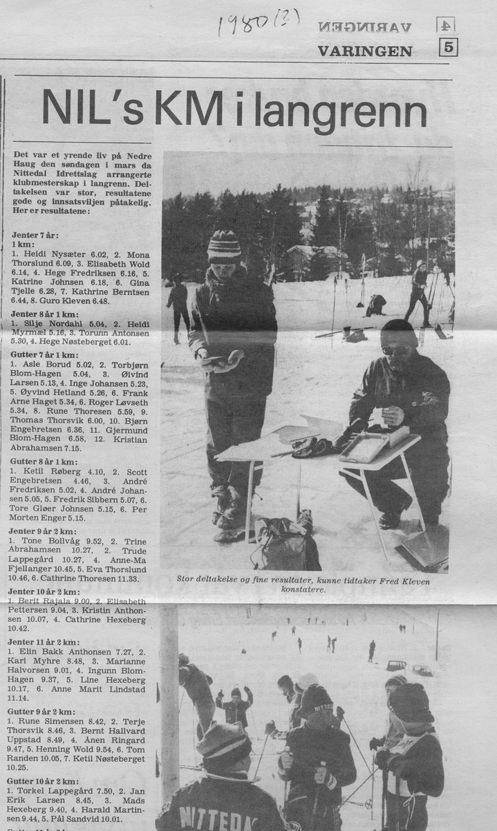 Reportasje i lokalavisen Varingen fra Nittedal ILs KM i langrenn, sannsynligvis i 1980
Skigruppa Nittedal IL