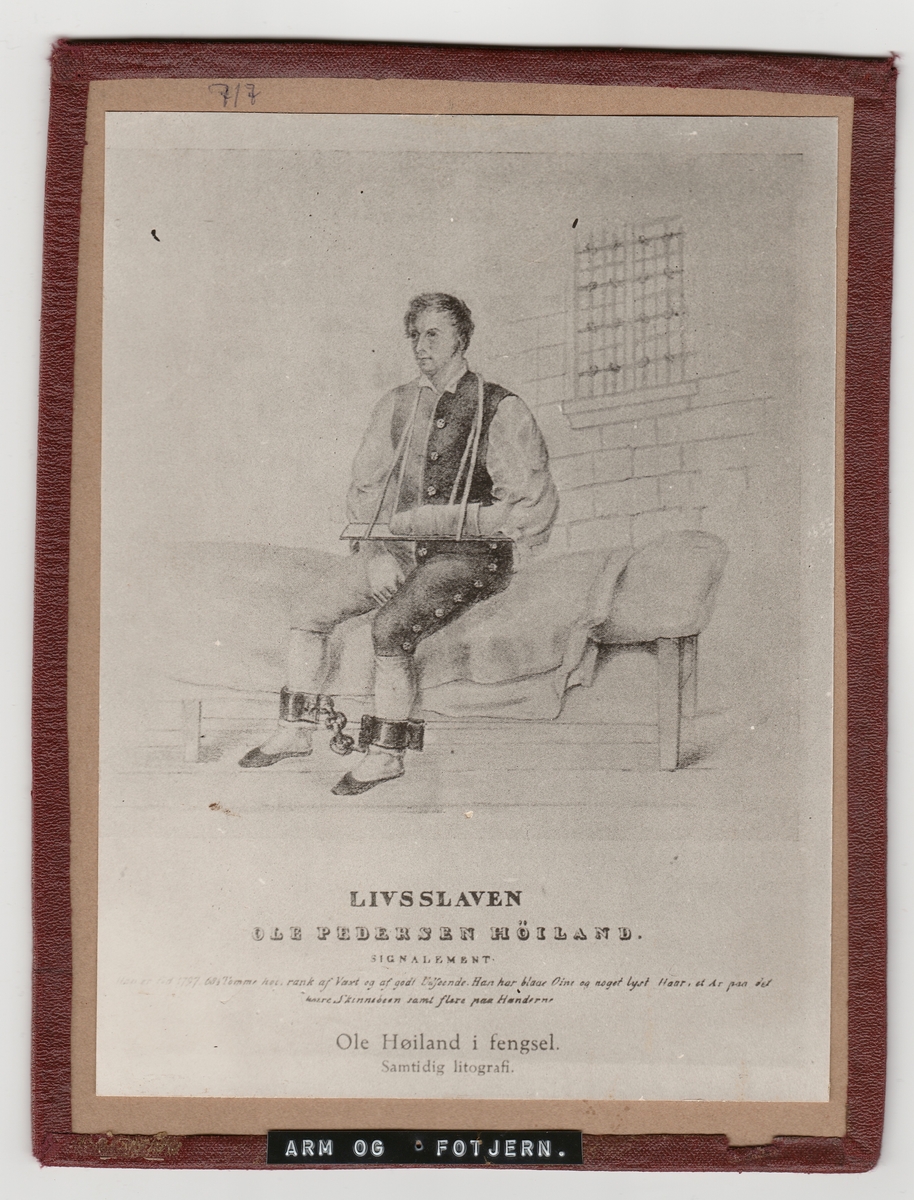 Tegningen viser livsslaven Ole Pedersen Høiland sittende på cella. Han har en brukket arm og er iført fotlenker.